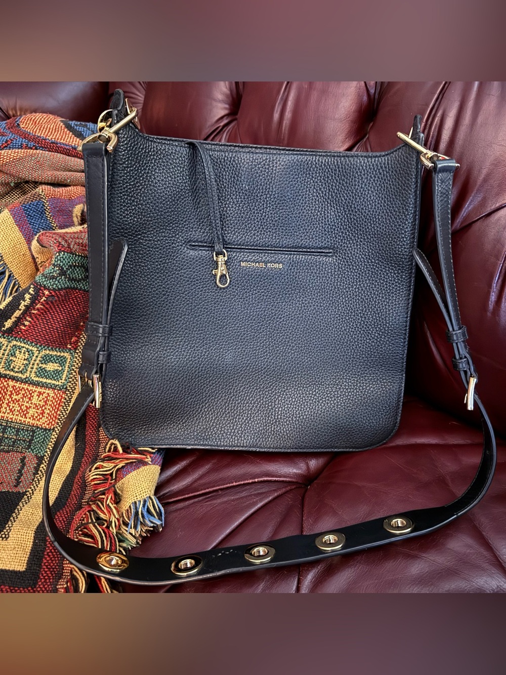 Michael Kors Black Pebbled Leather Gold-Accent Crossbody